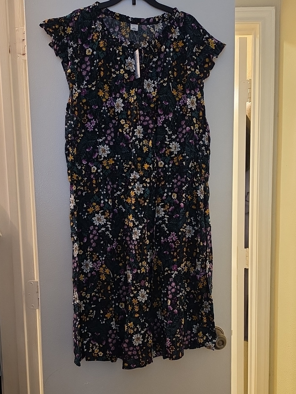 Old Navy Black Floral Dress with Purple, Yellow & White Blooms